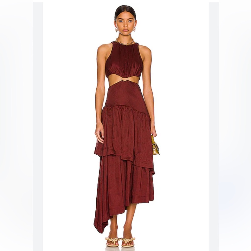 AJE CALIENTE CUT OUT MIDI DRESS MAROON RED,Cutout Layered Dress, Linen Blend